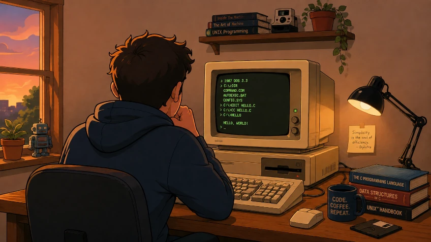 A cartoony style image of a man with short hair and wearing a hoody sitting at an old style computer with his back to the camera